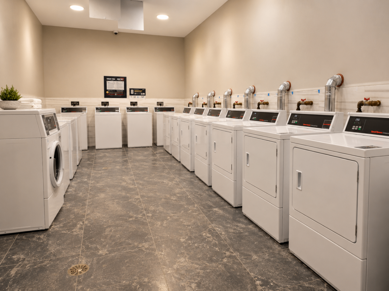 Laundry room at FORGE at 144 with multiple washers and dryers
