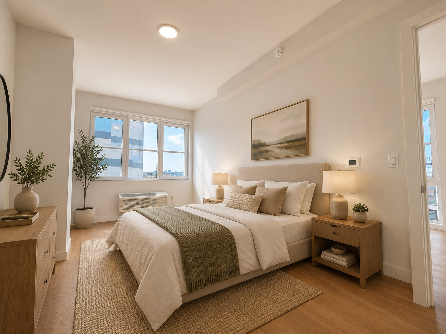 Primary bedroom with skyline view and wood accents