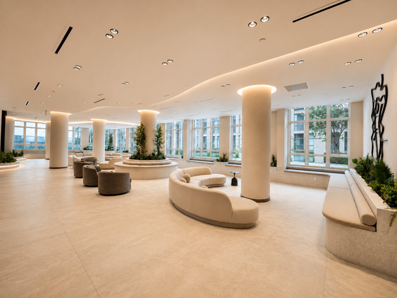 Resident lounge with curved seating and landscaped planters