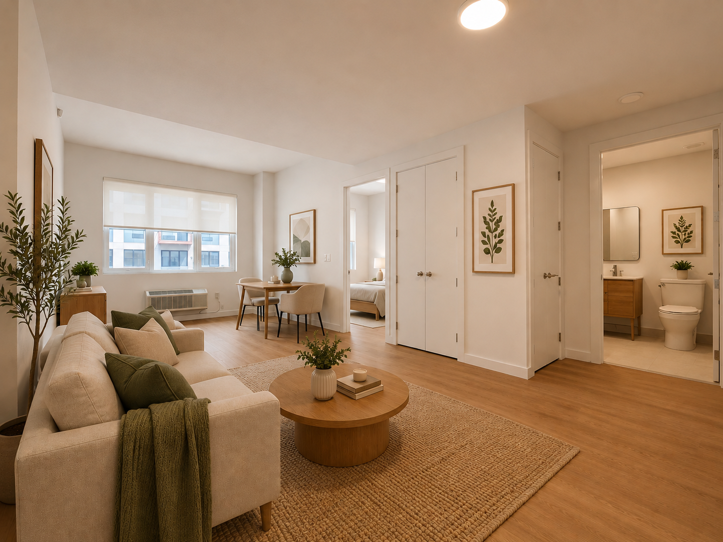 Open living area at FORGE at 144 with dining nook, bedroom entry, and warm wood floors