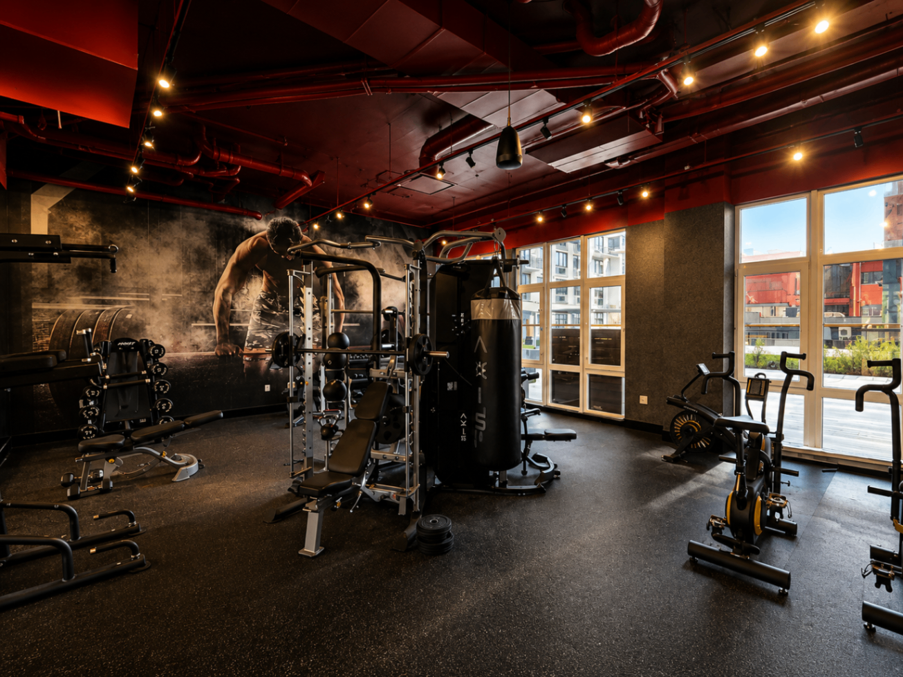 Fitness center at FORGE at 144 with weights and bikes