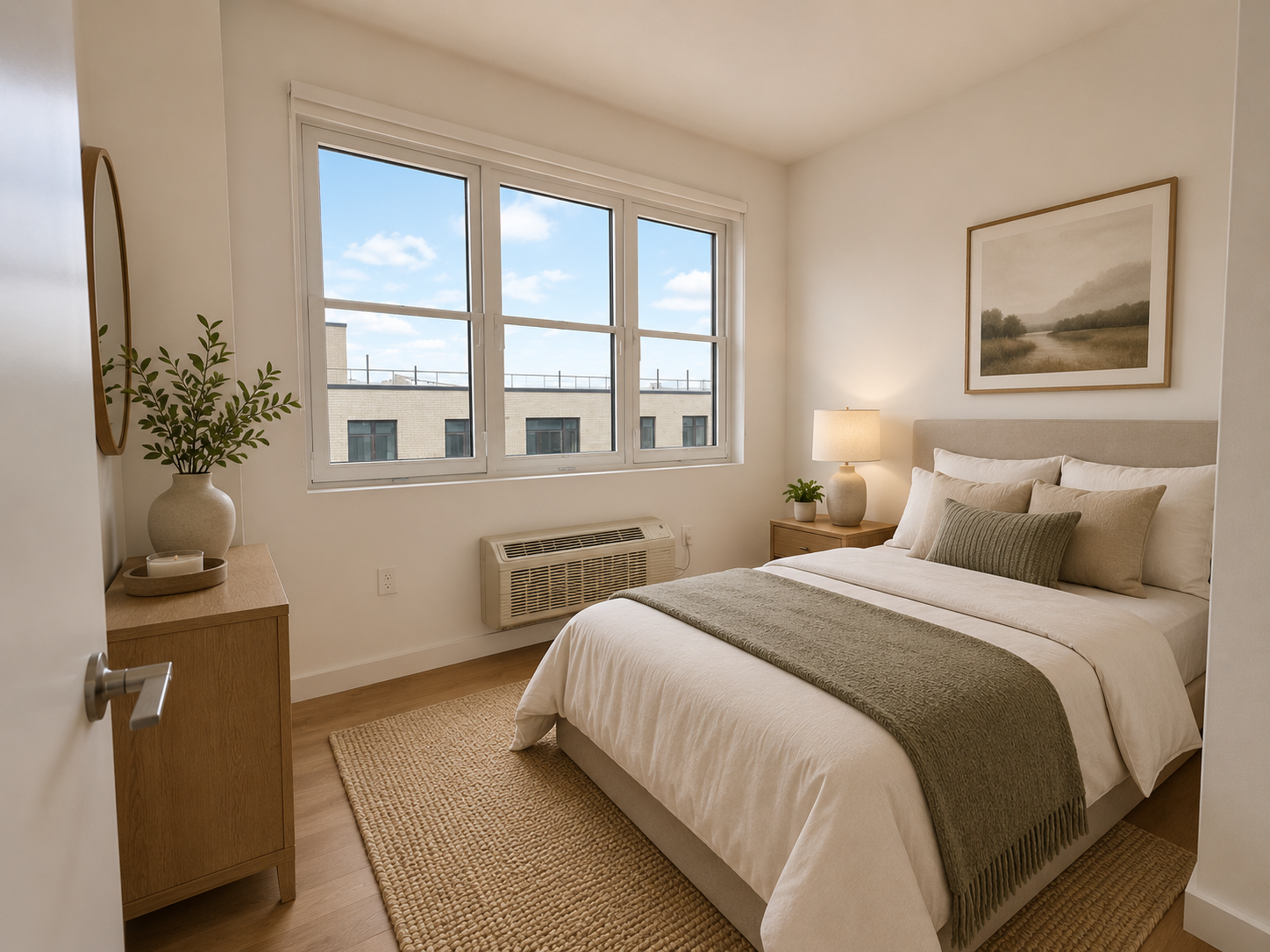 Sunlit bedroom at FORGE at 144 with oversized windows and warm neutral finishes