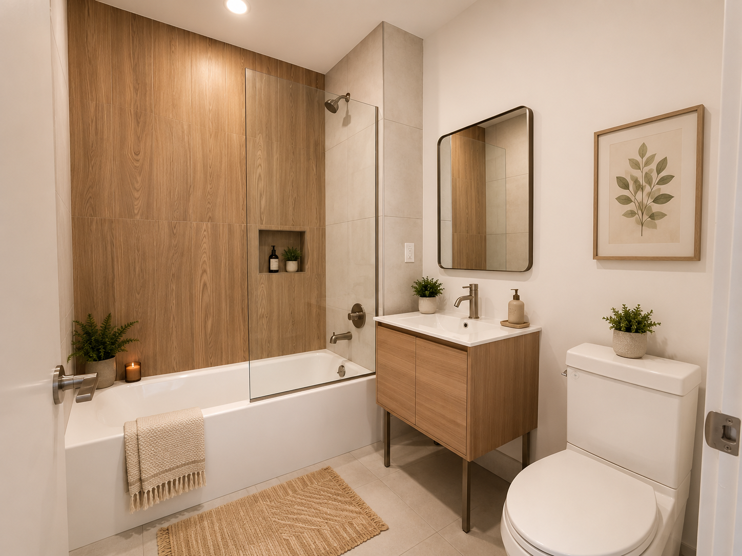 Bathroom with soaking tub and wood-look tile