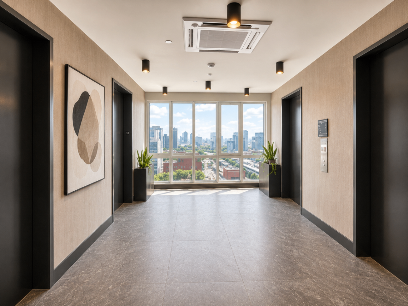 Elevator landing at FORGE at 144 with skyline view
