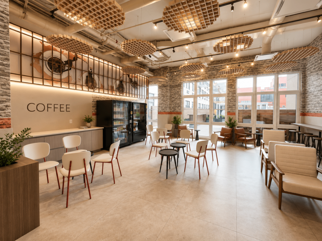 Coffee lounge and resident gathering space at FORGE at 144